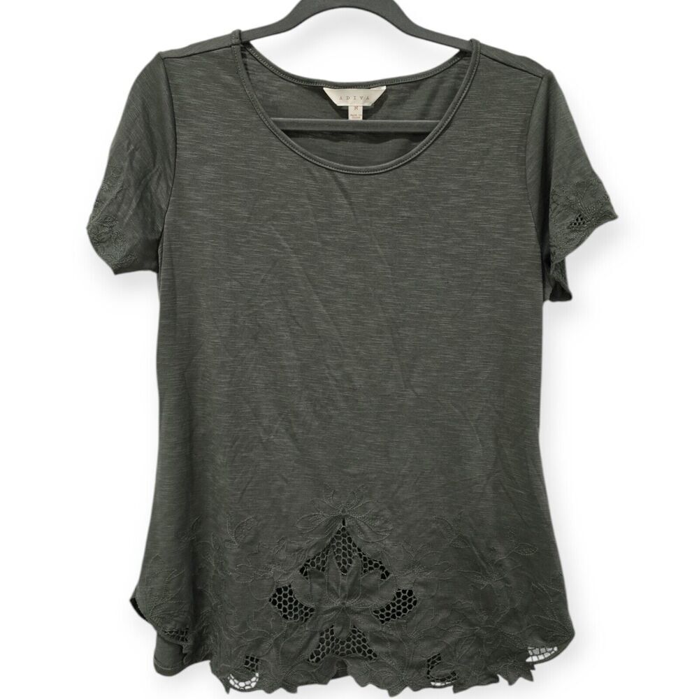 ADIVA Size M Short Sleeve TOP With LACE AND EMBROIDERED Detail Green Casual Boho